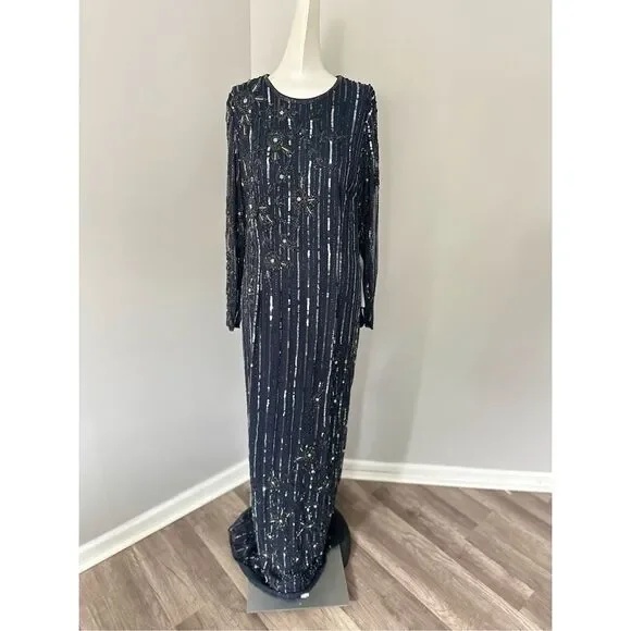 MAC DUGGAL EMBELLISHED HIGH NECK ILLUSION LONG SLEEVE GOWN